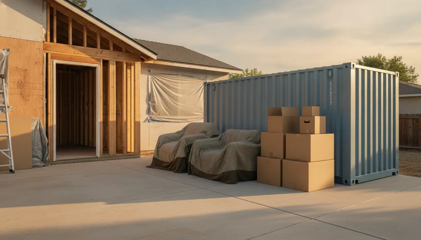 Construction site with unfinished wooden structure, shipping container, and stacked cardboard boxes at sunset