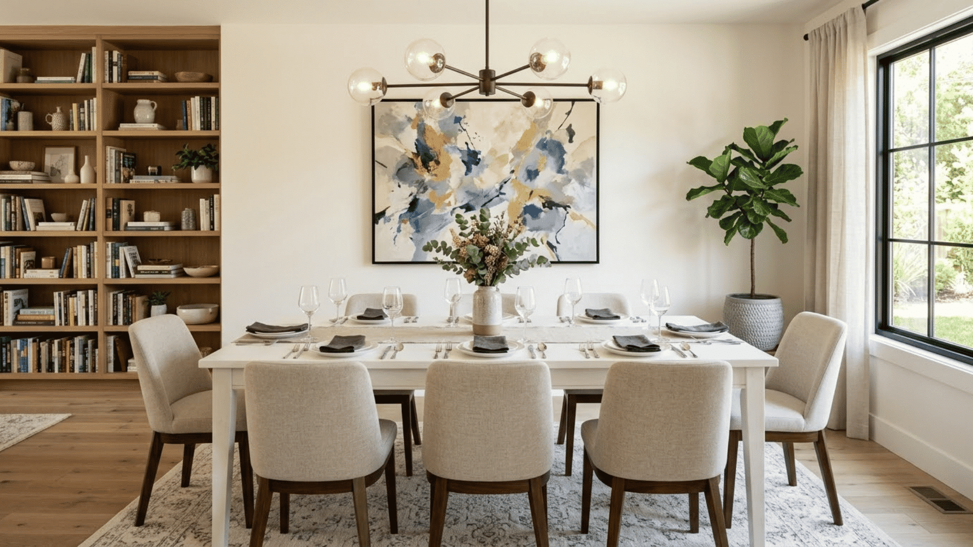 Stylish dining room with white table, upholstered chairs, artwork, shelves, and pendant light.
