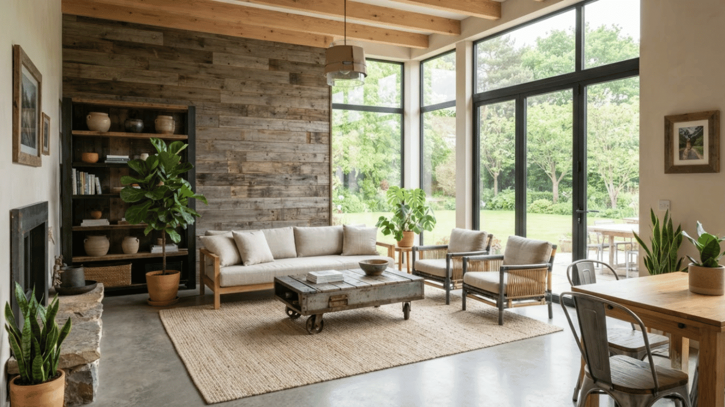 Sustainable contemporary interior with reclaimed materials, eco-friendly elements, and stylish modern home design.