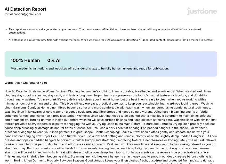 AI detection report with "100% Human 0% AI" rating, text about caring for linen clothing