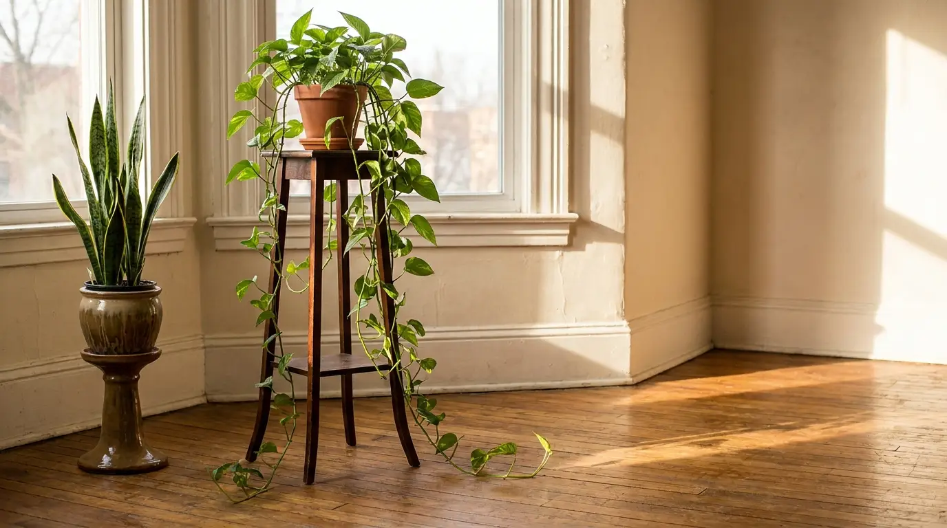 Potted green plants on wooden stands in sunlit corner of a room