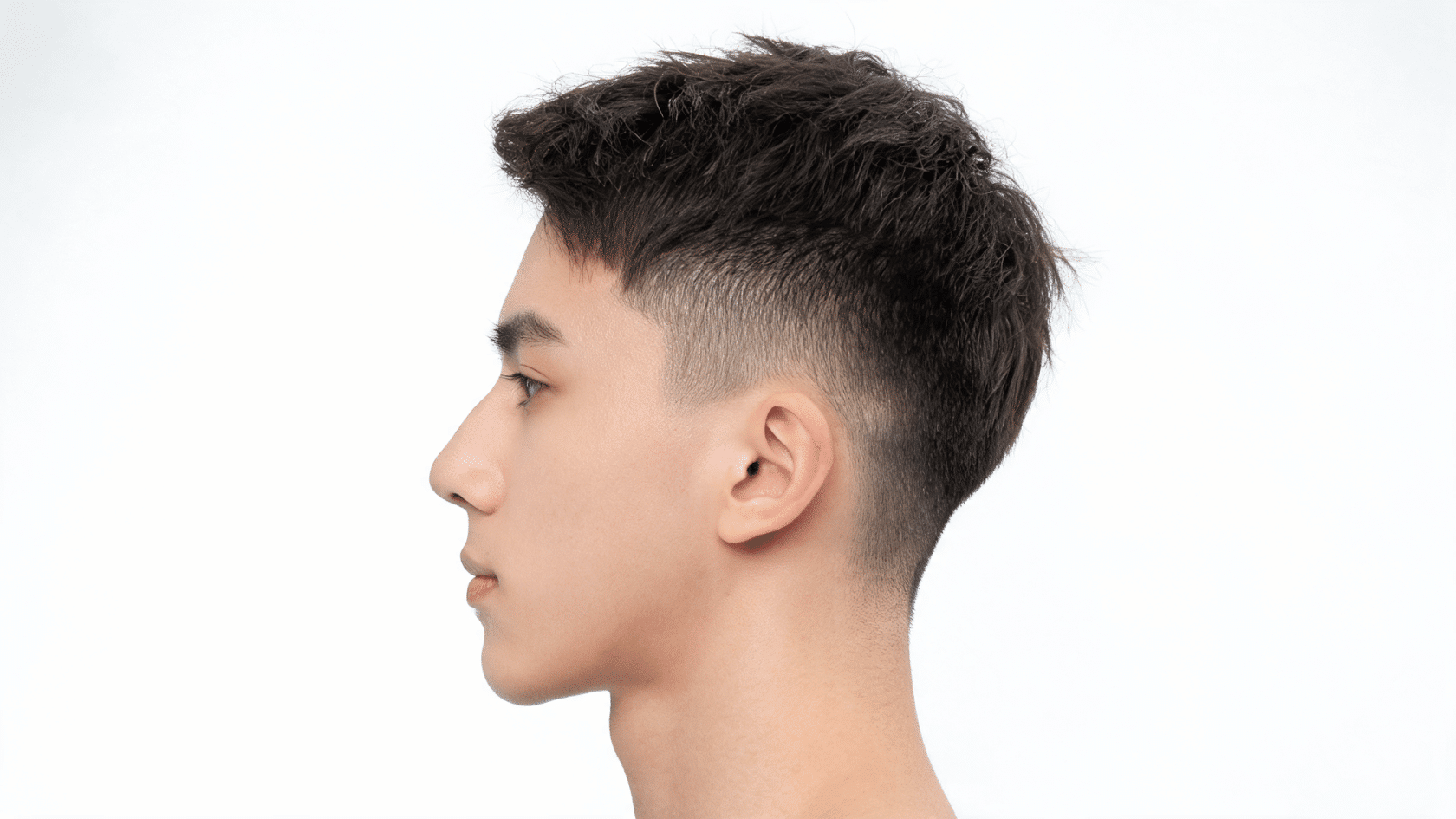 Man with a textured taper cut and short faded sides shown in side profile.