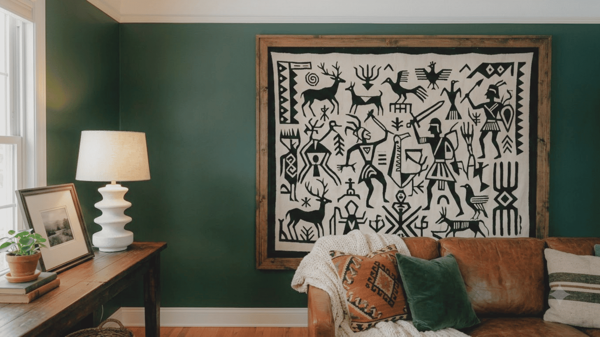 Tapestry wall art displayed above a sofa on a dark green living room wall.