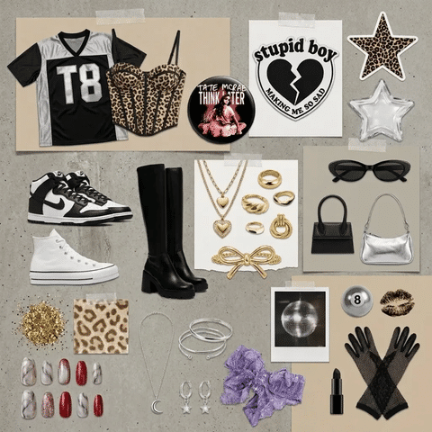 Tate McRae concert outfit moodboard: Flat lay with a sports jersey, leopard corset, boots, sneakers, bags, jewelry, gloves, and accessories.