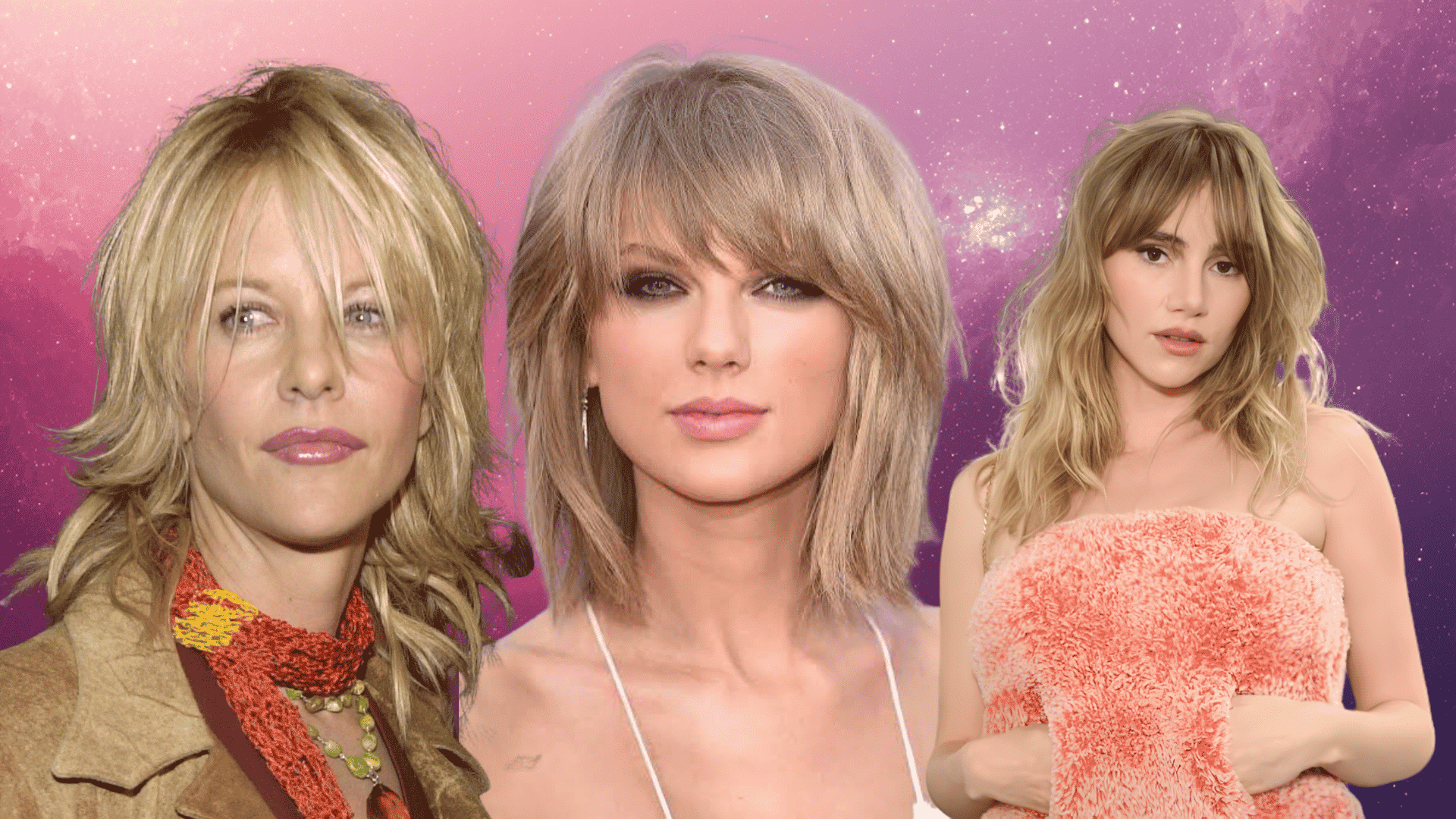 Taylor Swift and two women with shoulder-length shag haircuts and bangs on a pink starry background.