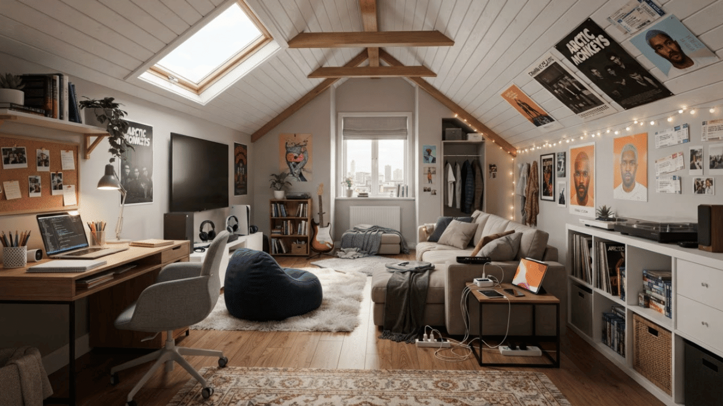 Teenager attic hangout room with study desk, seating area, storage, and personalized décor.