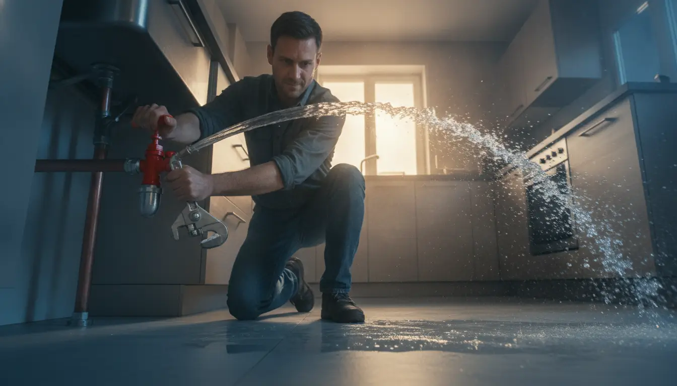Man using wrench on pipe with water spraying in modern kitchen