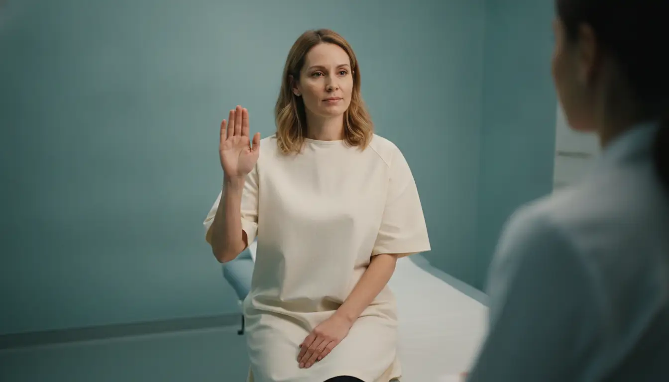 Woman raising hand in a doctor's office during medical consultation