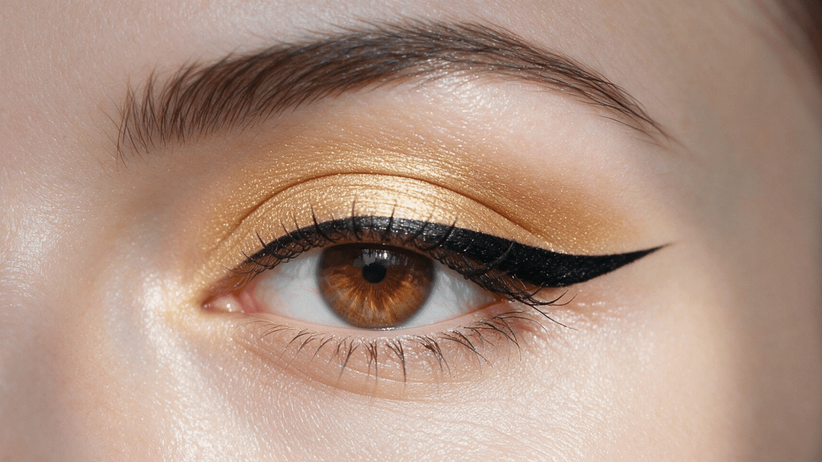 Thin almond eye shape with winged eyeliner and golden eye makeup close-up.