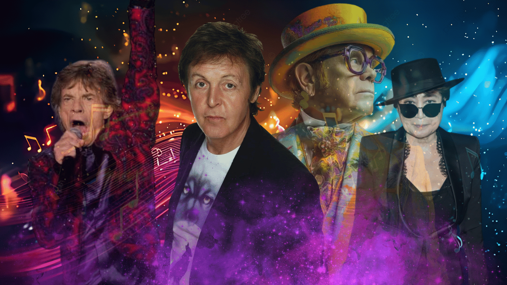 This image features legendary music figures, including Mick Jagger, Paul McCartney, Elton John, and Yoko Ono.