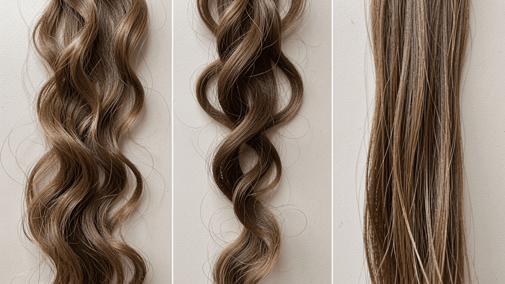 Three hair sections showing air-dried waves, loose curls, and layered cut texture on neutral background