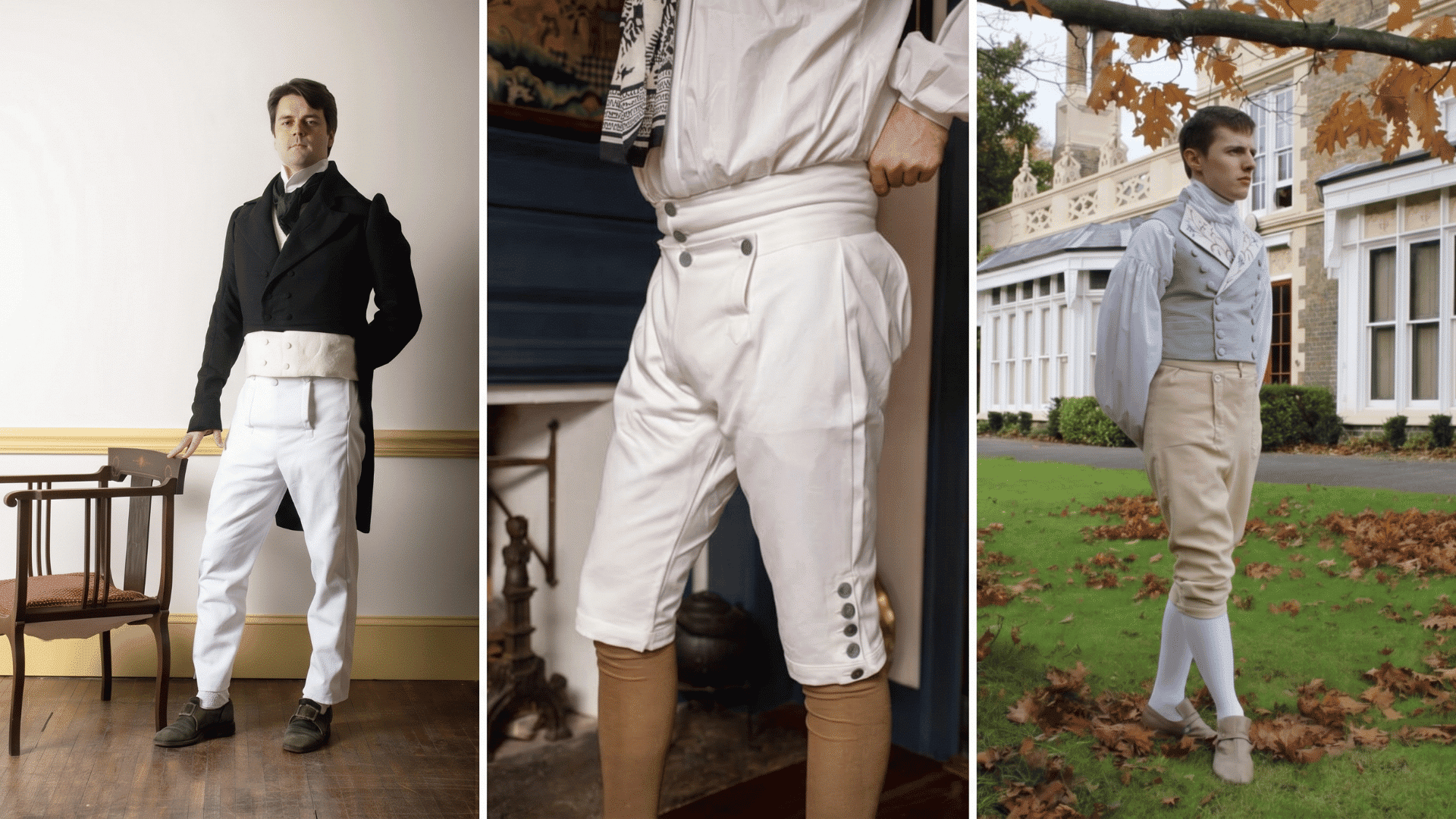 Three men in Regency era outfits wearing white trousers, knee breeches, and pantaloons with waistcoats and neckcloths.