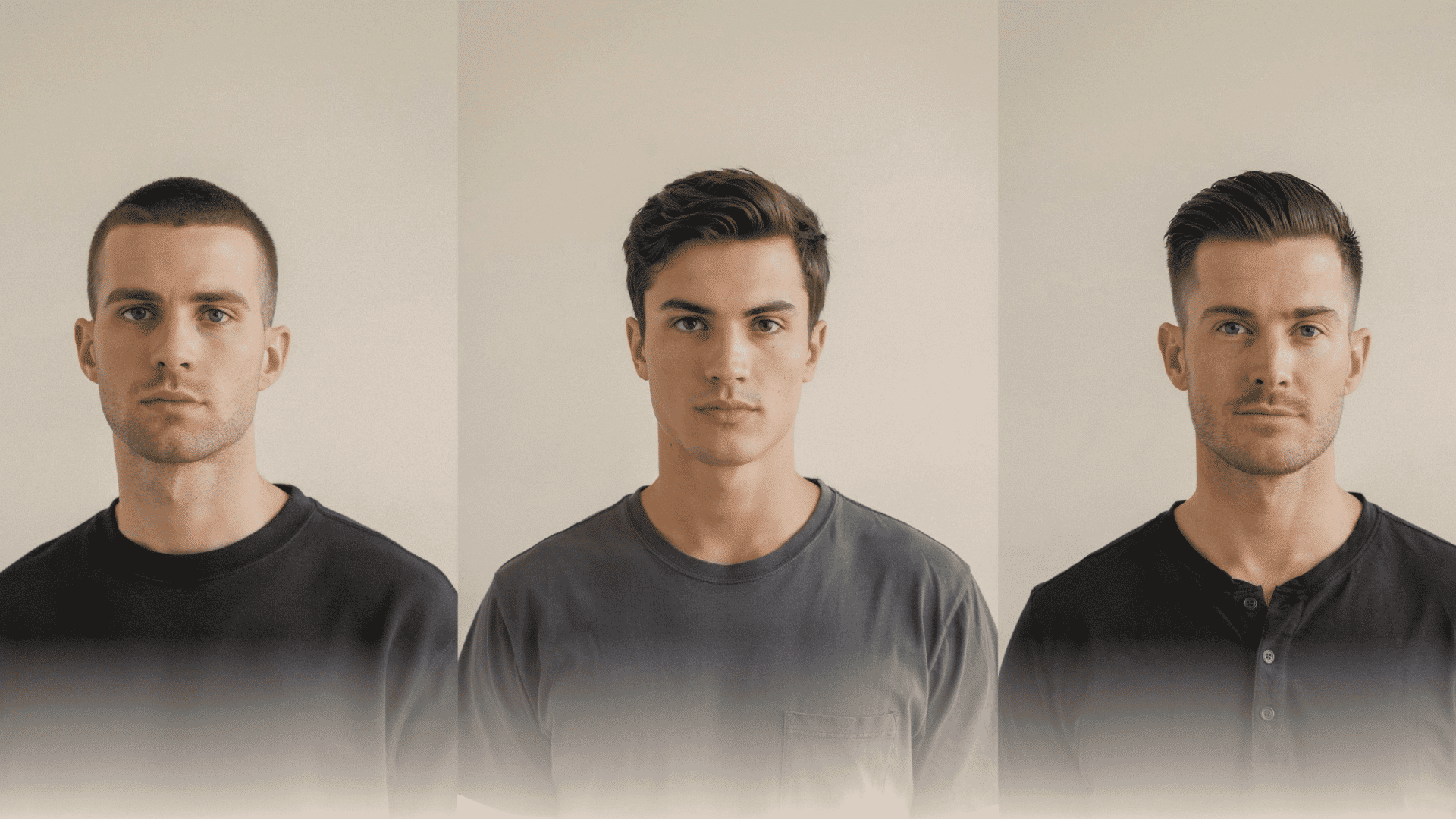 Three men side by side showing buzz cut, low fade, and skin fade haircut styles on gray background showing common haircut number combination comparison