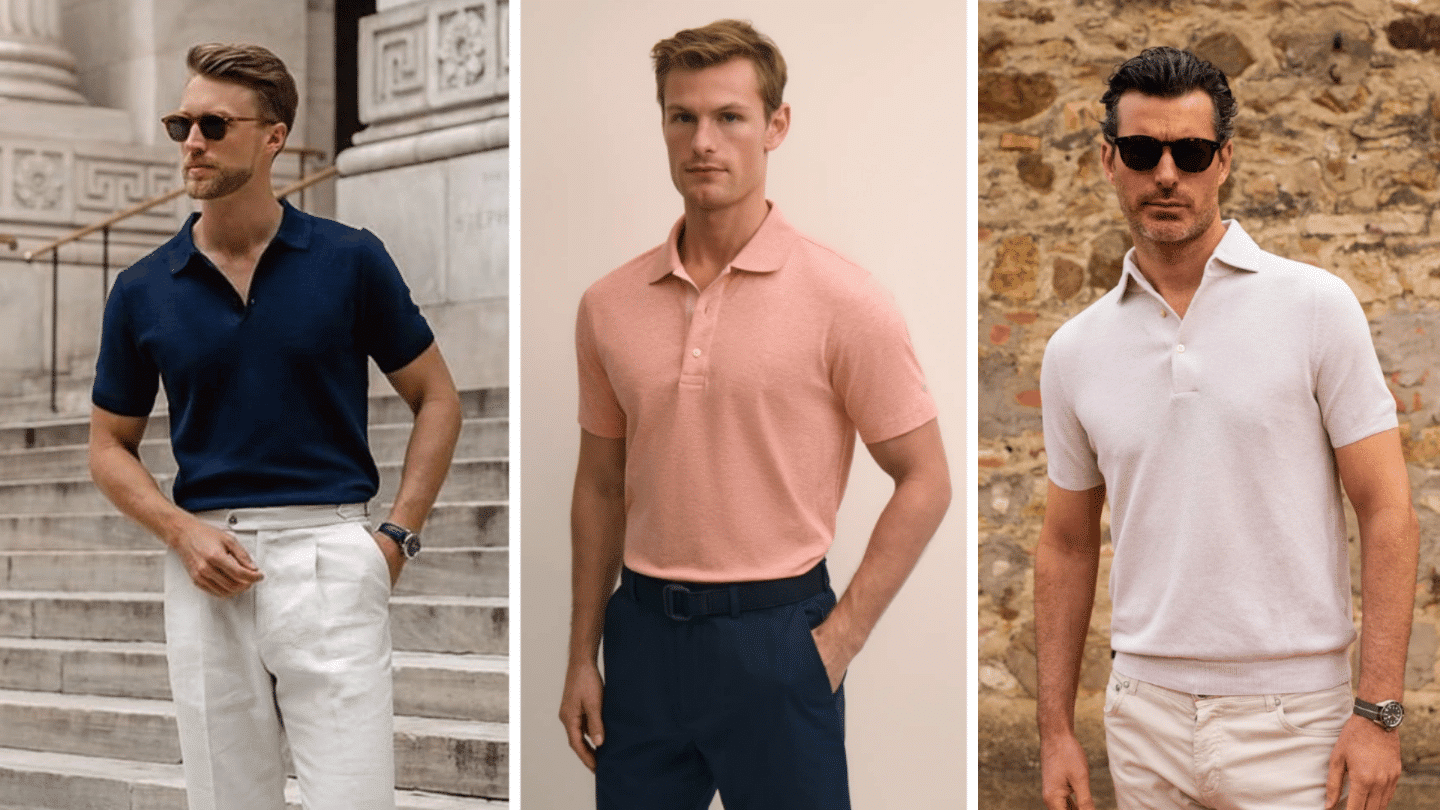 Three men wearing navy, pink, and white polo shirts paired with light and dark trousers.