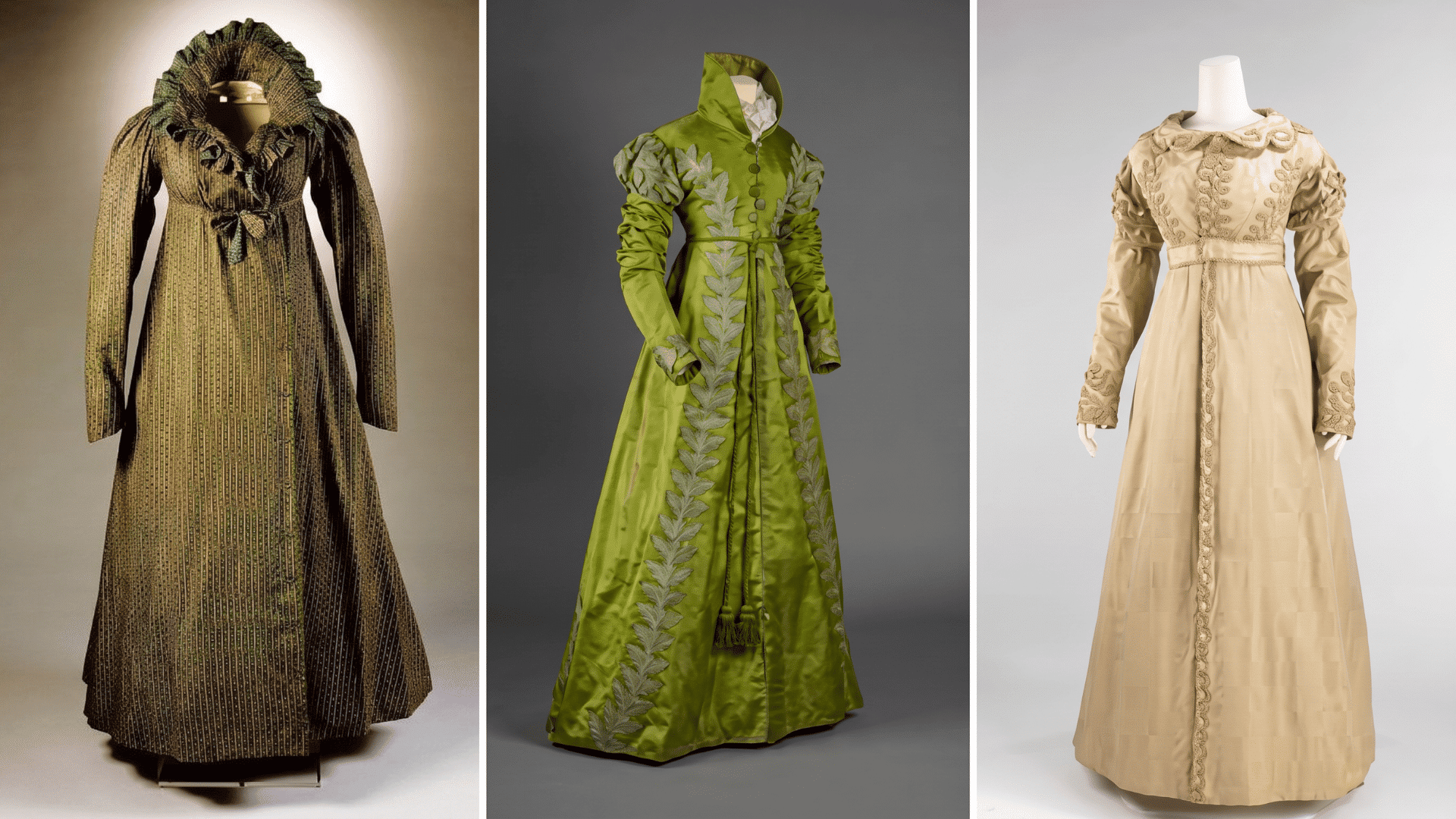 Three Regency era pelisse coats on mannequins in striped olive, embroidered green silk, and cream with decorative trim.