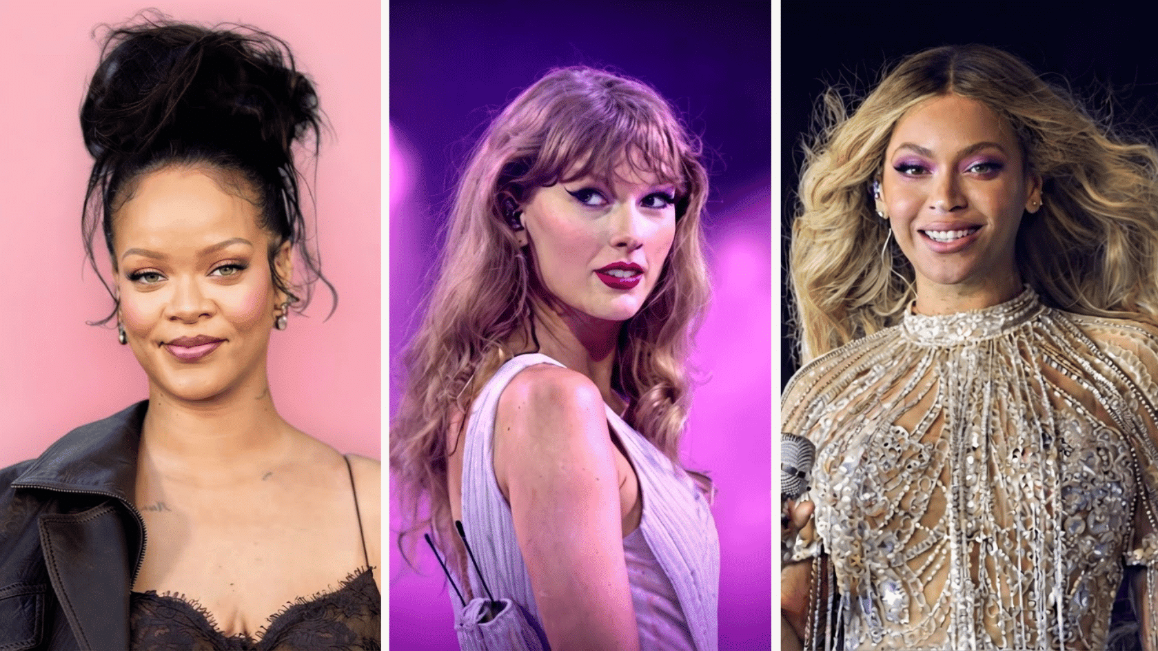 Three side-by-side portraits of women with styled hair and glam makeup against colorful studio backgrounds