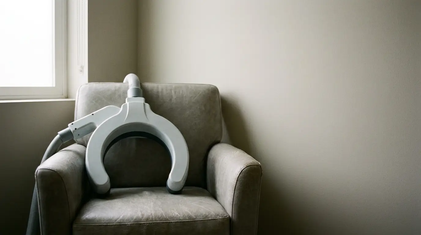 Large circular medical device resting on a gray armchair by a window in a minimalistic room
