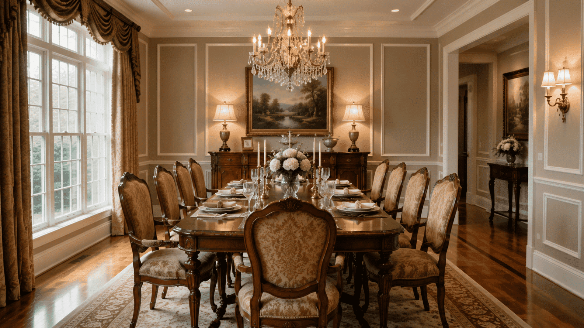 Elegant traditional dining room with carved wood table, chandelier, upholstered chairs, warm lighting.