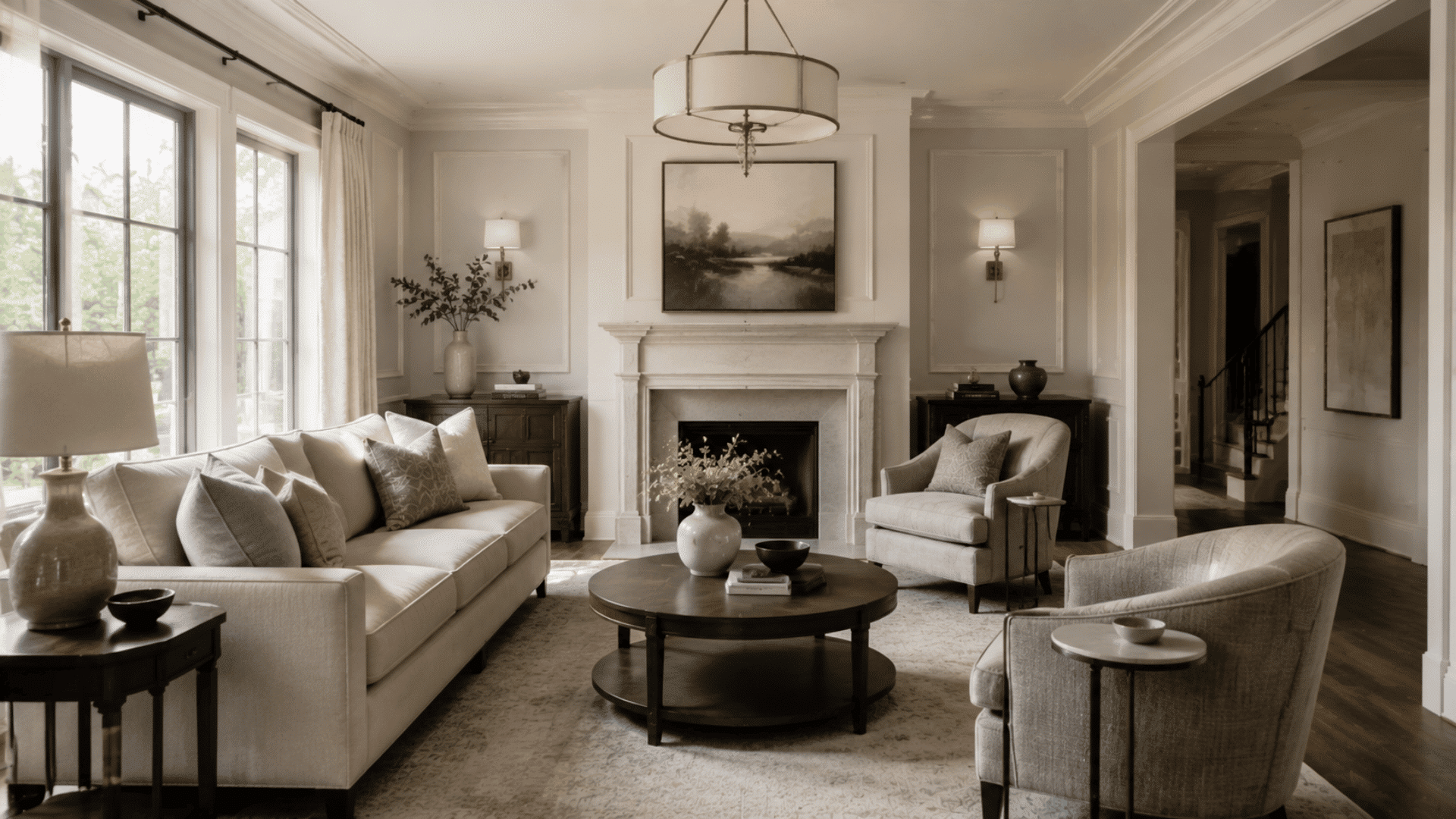 Transitional living room with neutral seating and classic details inspired by Modern Farmhouse Design.