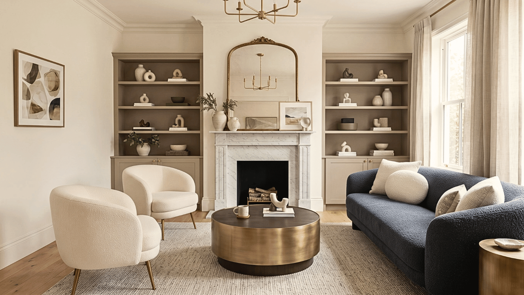 Transitional space blending modern interior styles with classic furniture, neutral colors, and refined decor style look
