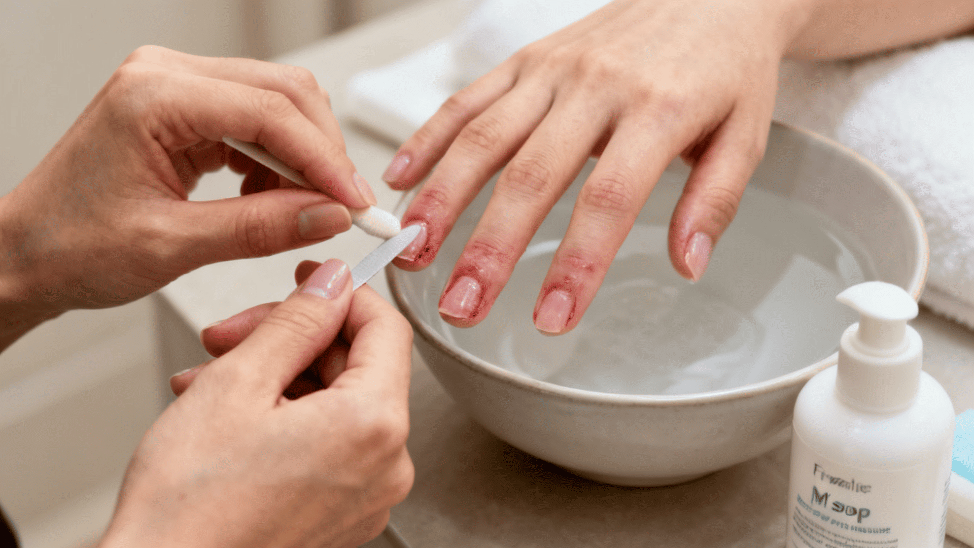 Gel polish being gently removed from irritated nails beside a bowl of lukewarm water and mild soap.