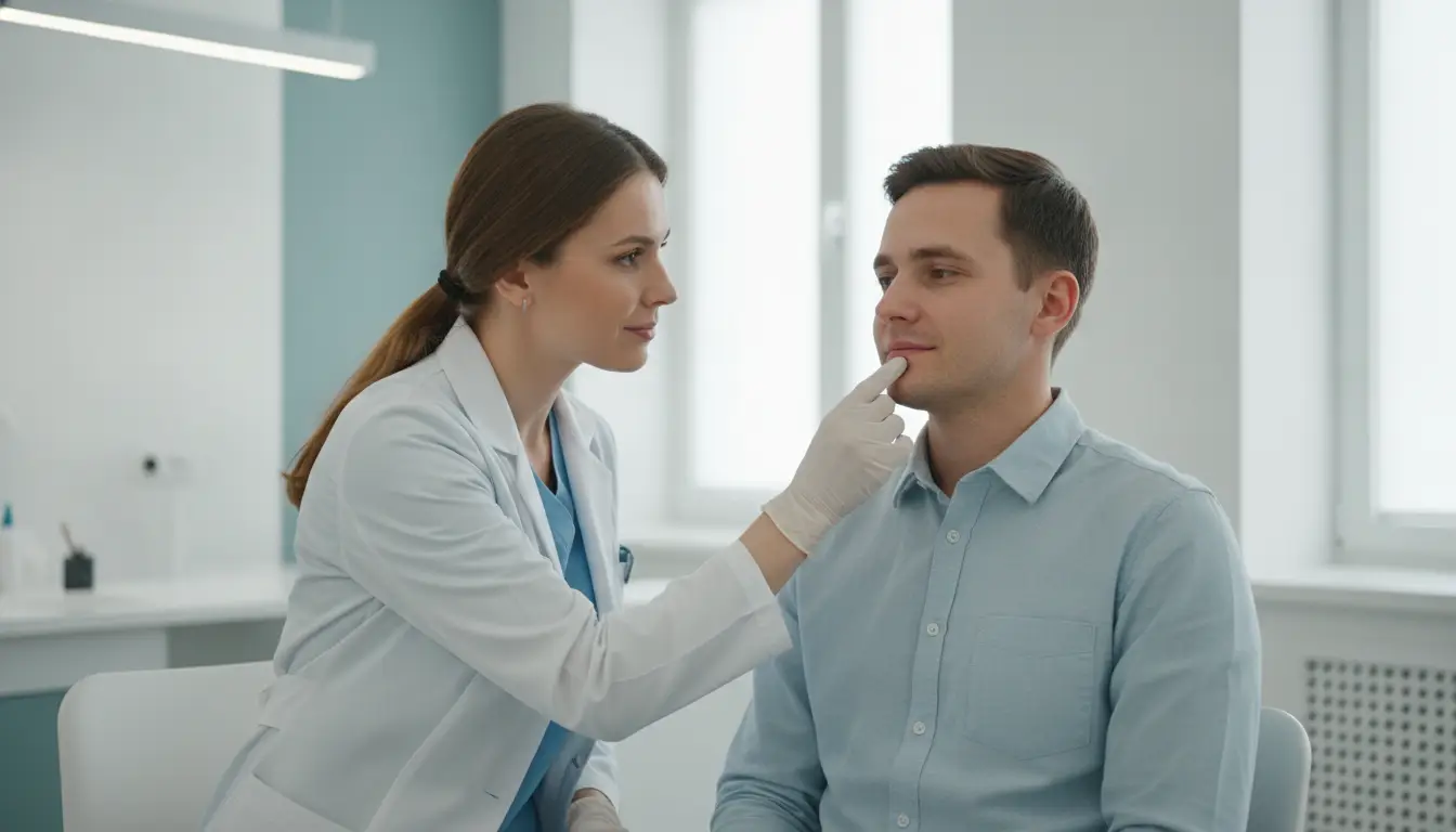 Doctor examining patient's face in a bright medical office, both seated