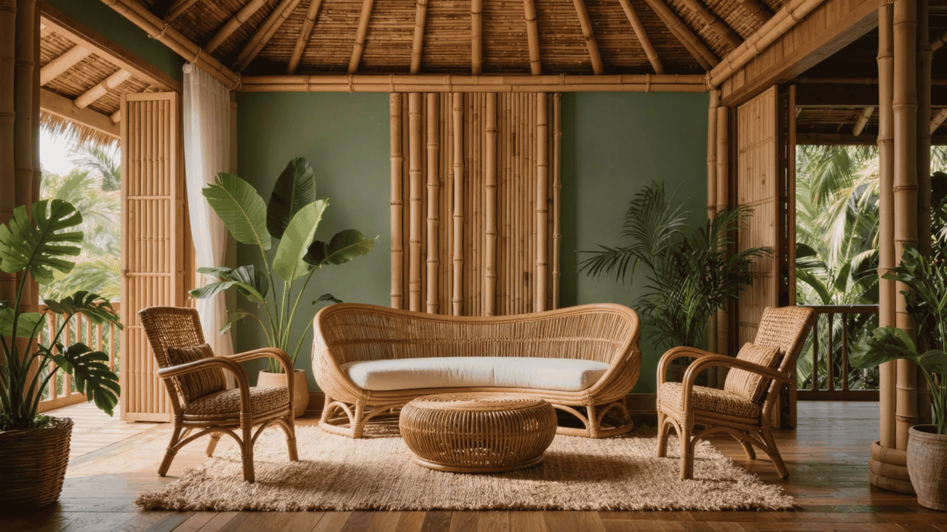 Tropical interior design styles living room with bamboo furniture, plants, and natural textures.