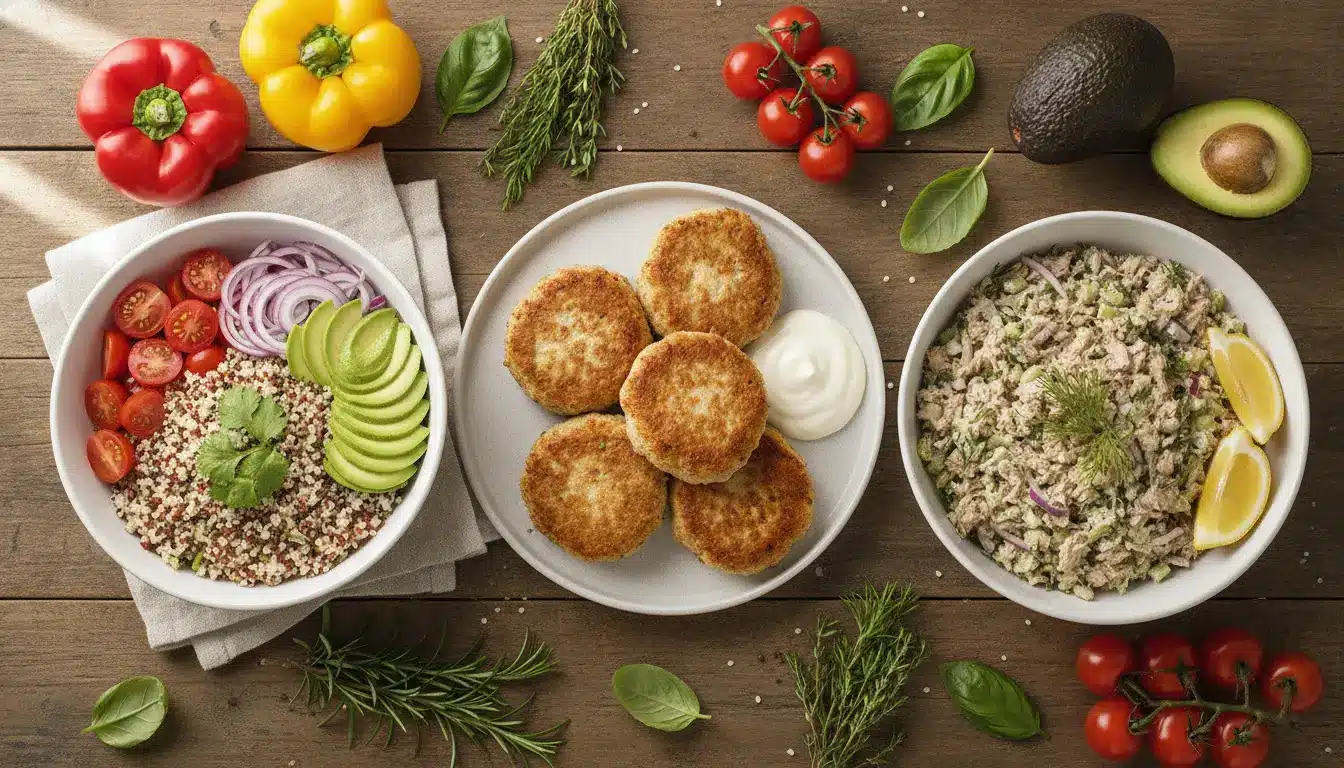 Quinoa salad, falafel patties, and tuna salad with fresh vegetables on wooden table