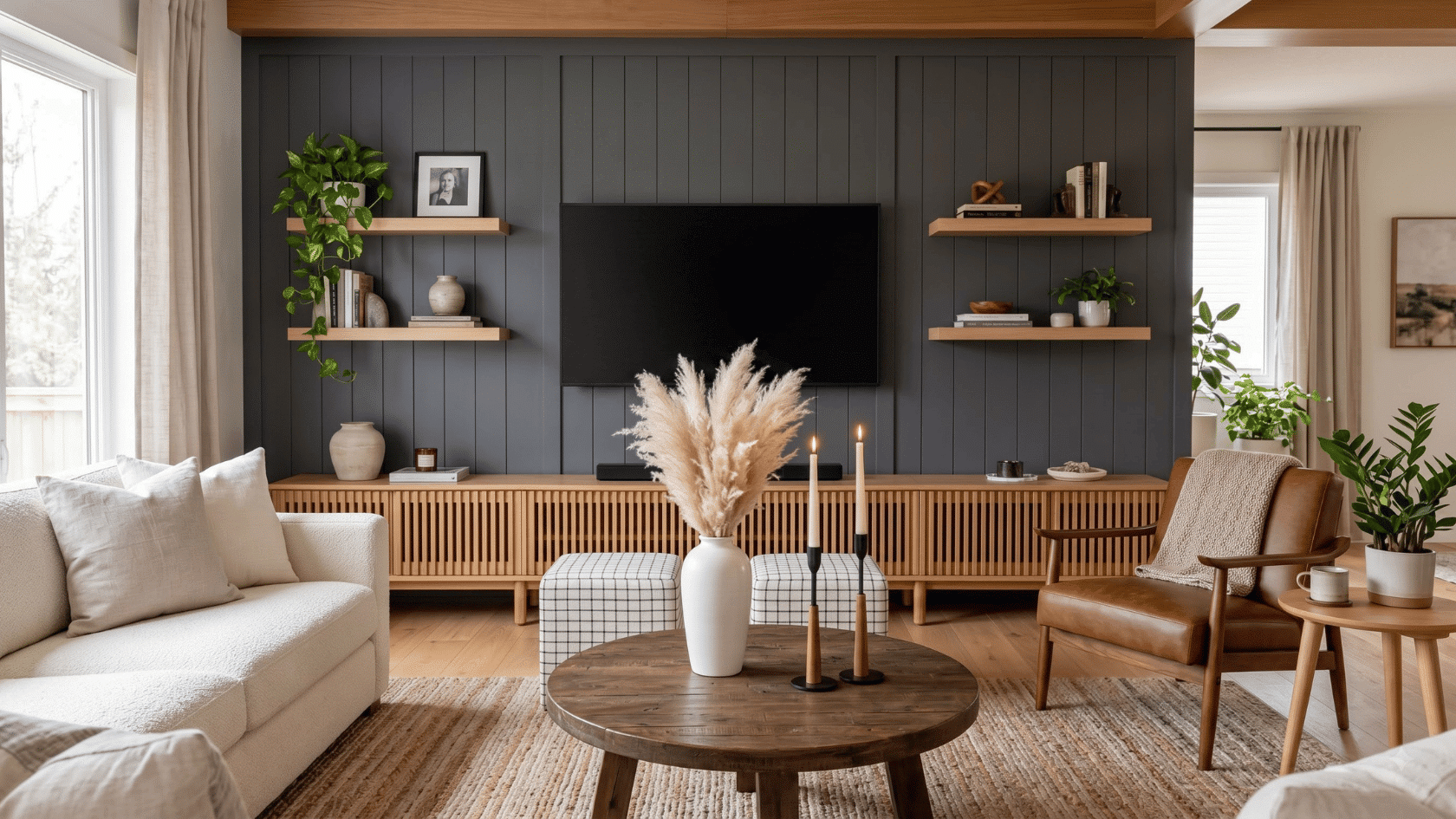 TV media accent wall featuring dark vertical paneling, mounted television, wooden shelves, and living room decor.