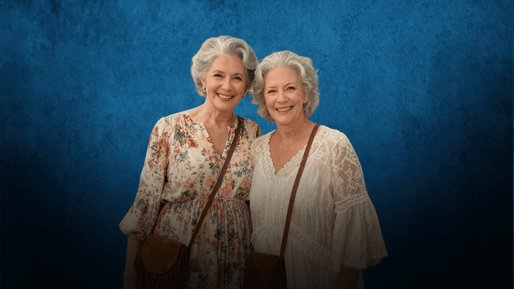 Two older women wearing floral boho outfits with shoulder bags