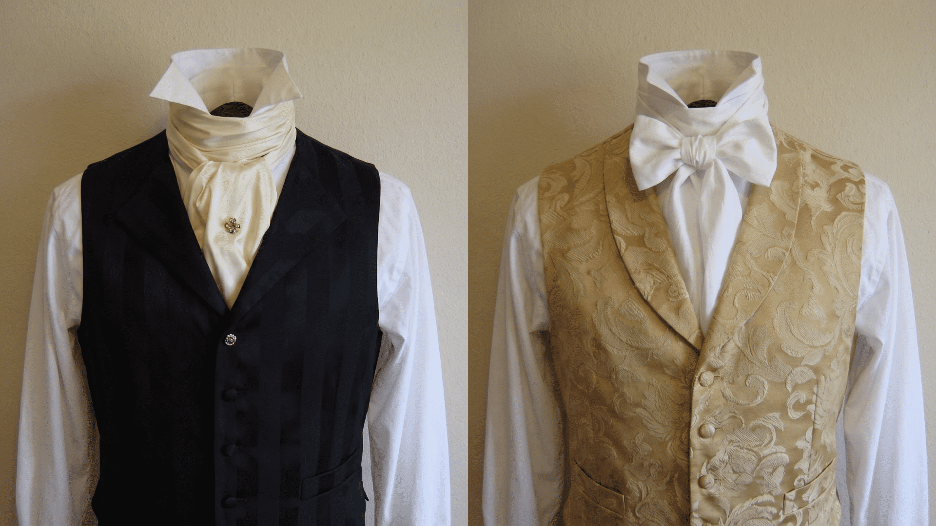 Two Regency era men's outfits featuring a navy waistcoat with cream neckcloth and a gold brocade waistcoat with white bow tie.