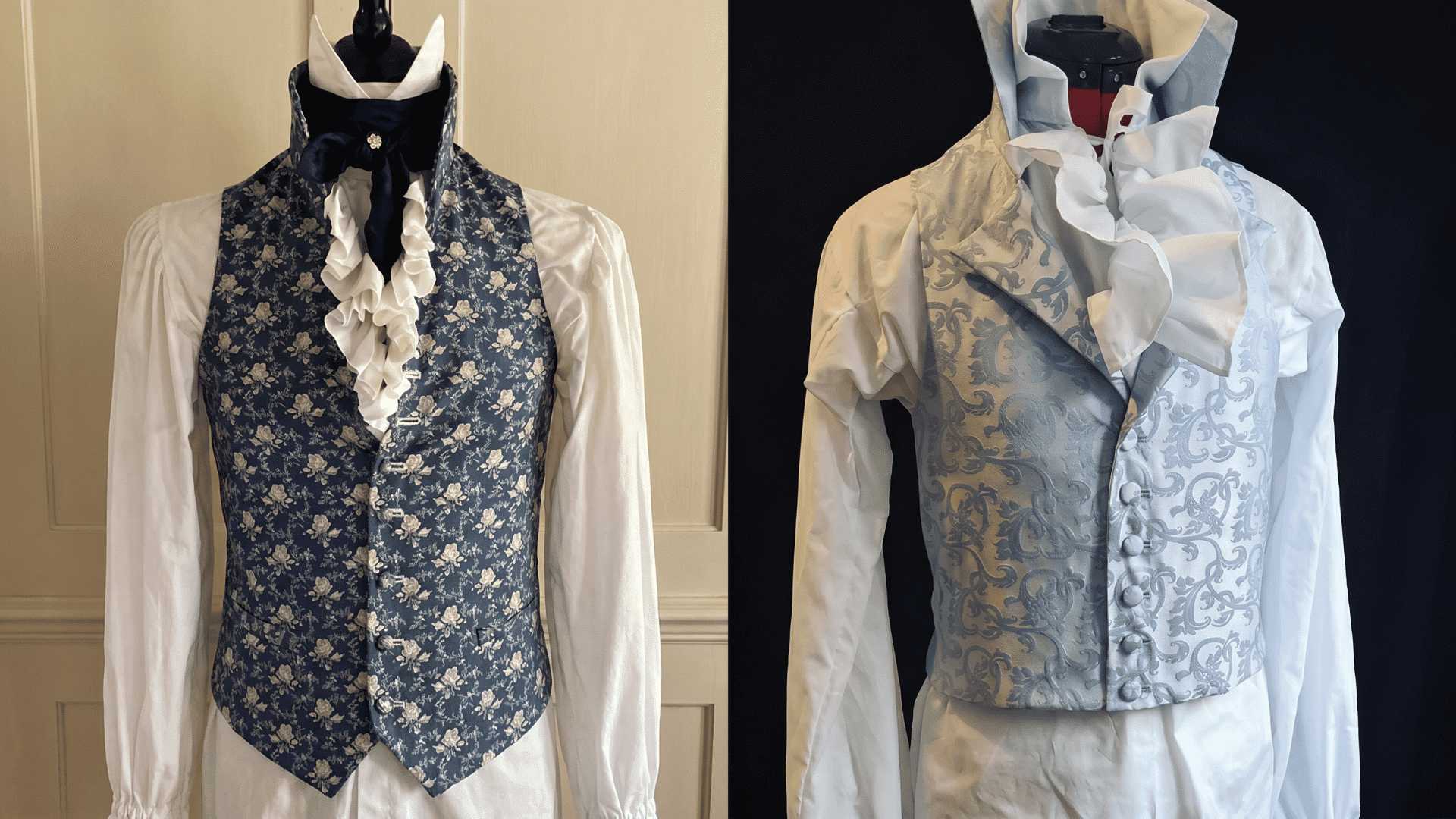 Two Regency era men's waistcoats in blue floral and pale blue brocade, worn over white shirts with ruffled neckcloths.