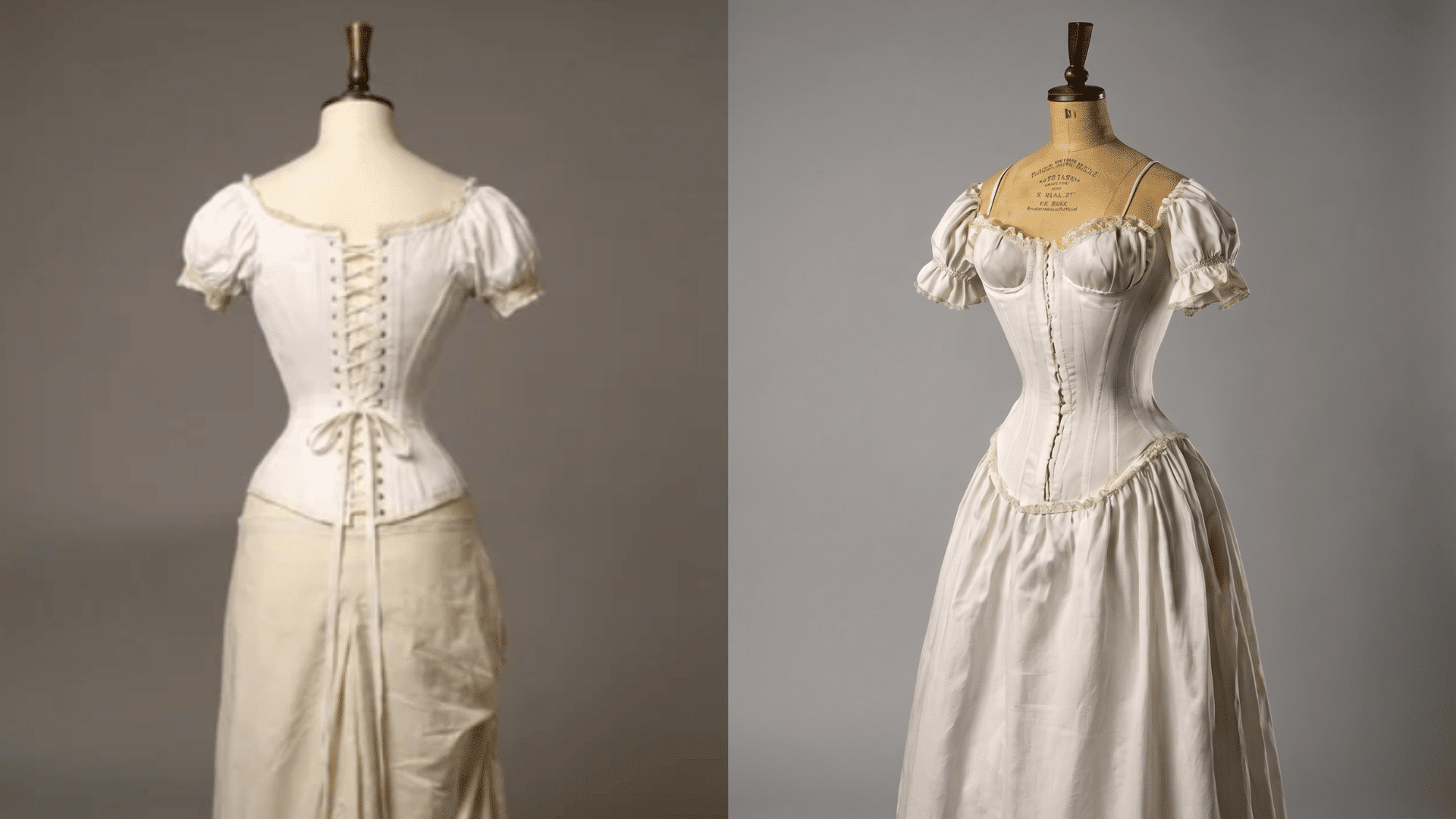 Two Regency era white cotton chemise and stays undergarments on mannequins showing lace-up back and front boning details.