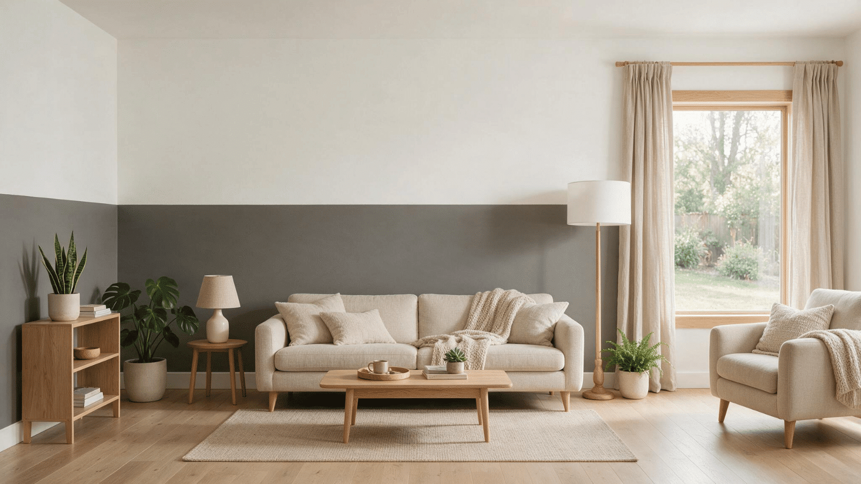 Living room with a two-tone accent wall split horizontally behind a sofa.