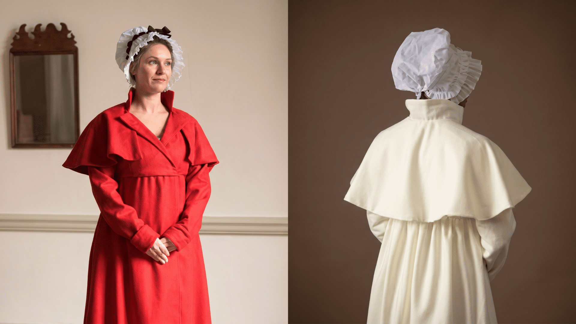 Two women wearing Regency era redingote coats with shoulder capes, one in red wool and one in cream, both with white caps.