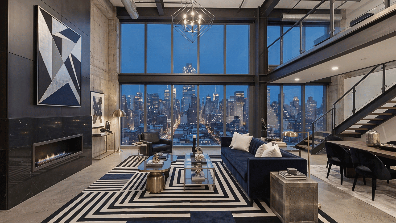 Urban modern space showcasing modern interior styles with industrial touches, sleek furniture, and city-inspired decor