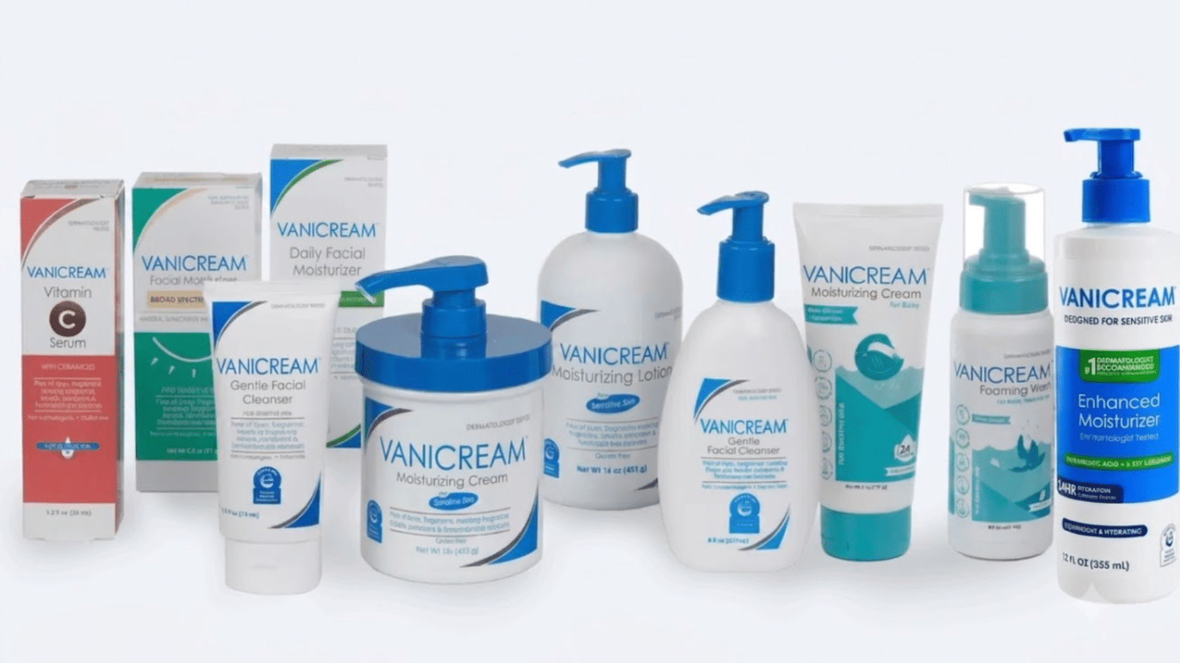 Vanicream skincare products arranged together, including cleansers, moisturizers, and facial care products.