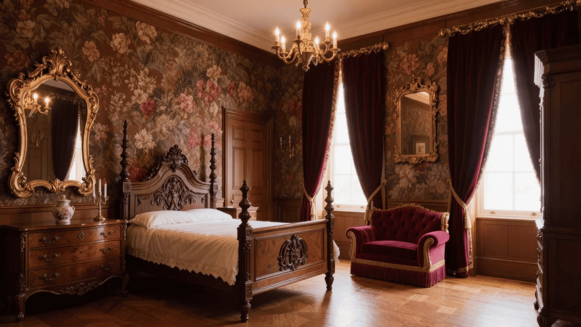 Victorian interior design styles bedroom with carved furniture, floral walls, velvet chair, and chandelier.