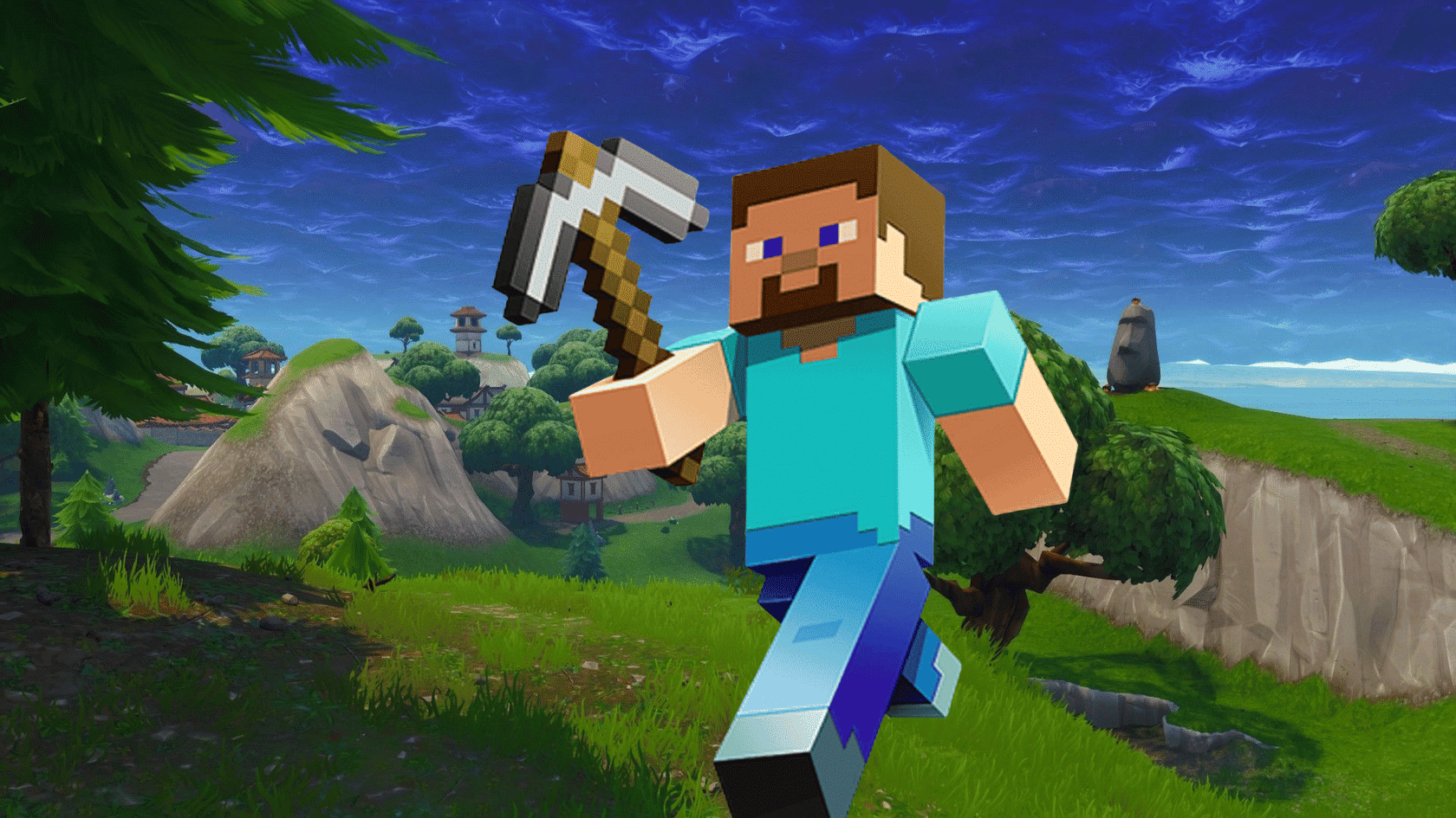 Steve character from Minecraft holding a pickaxe