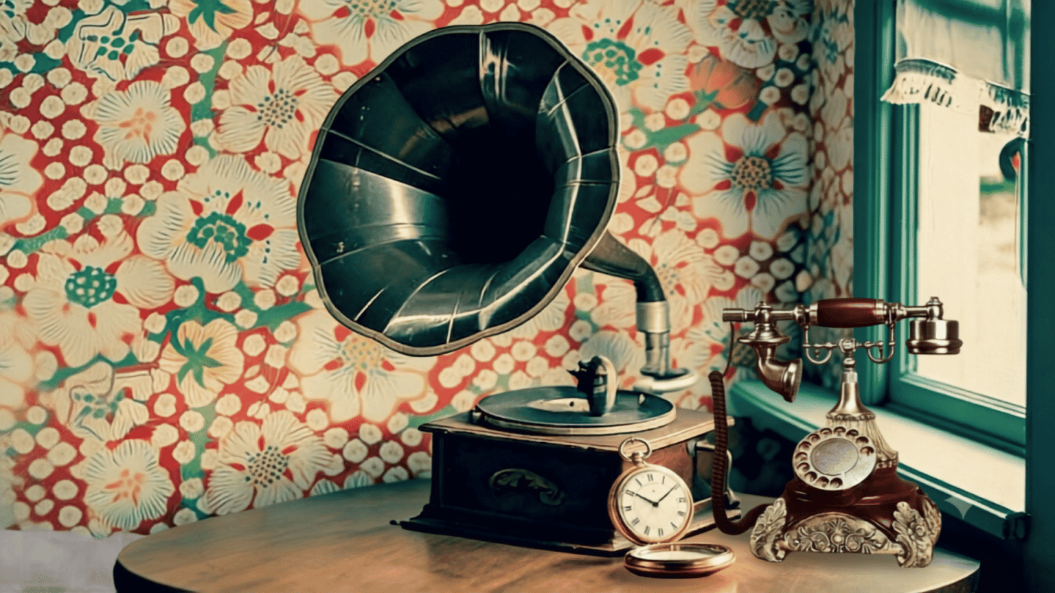 Vintage gramophone, rotary telephone, and pocket watch arranged on a wooden table