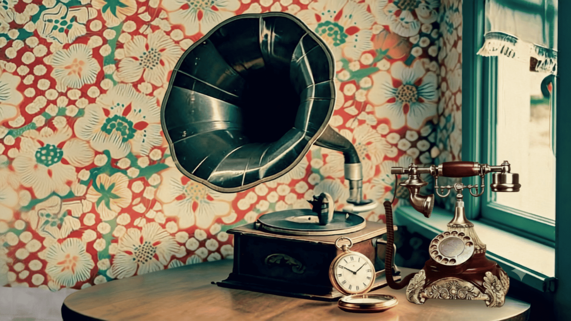 Vintage gramophone, rotary telephone, and pocket watch arranged on a wooden table