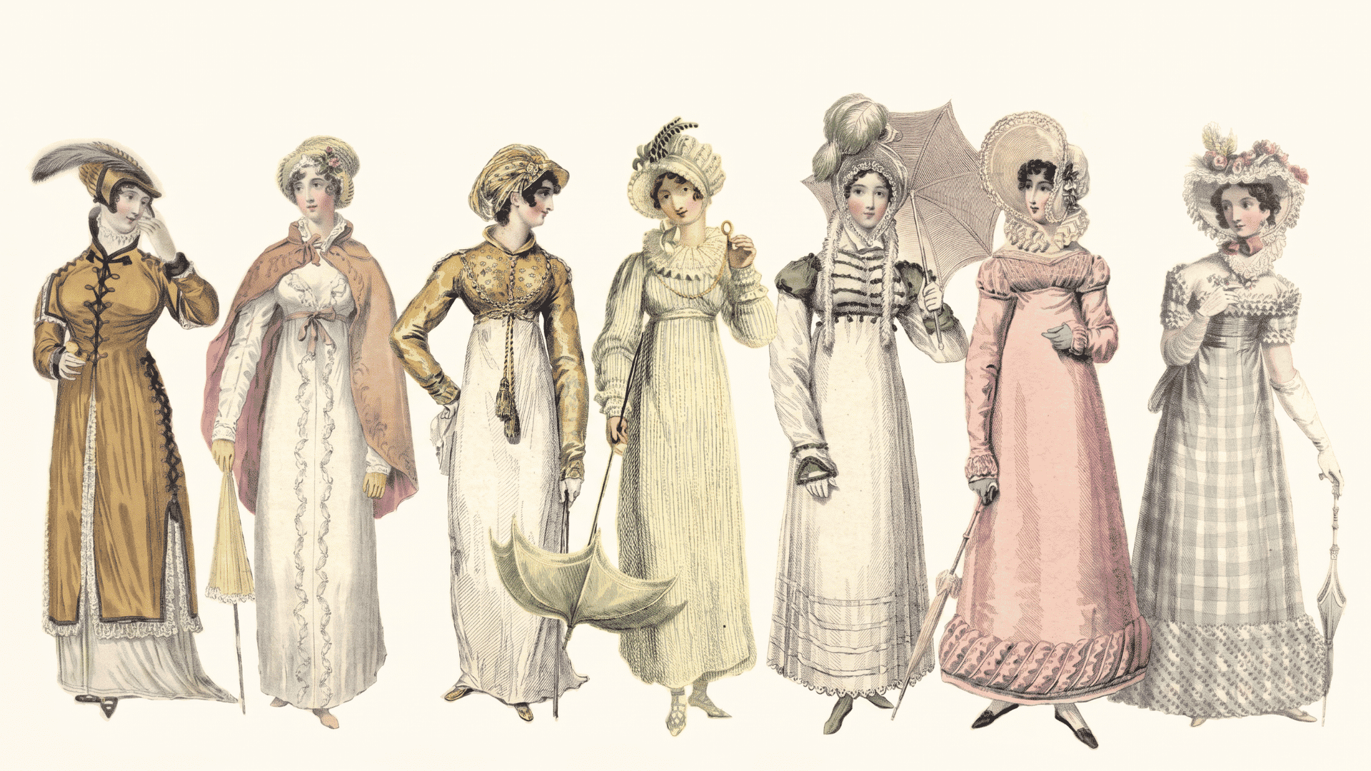 Vintage fashion illustrations of seven Regency era women in empire waist gowns, decorative bonnets, capes, and accessories.