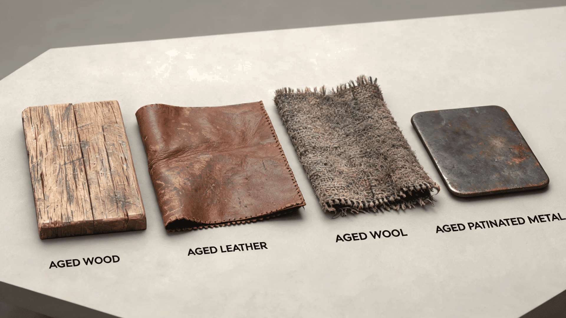 Aged wood, leather, wool, and metal samples showing natural patina and wear