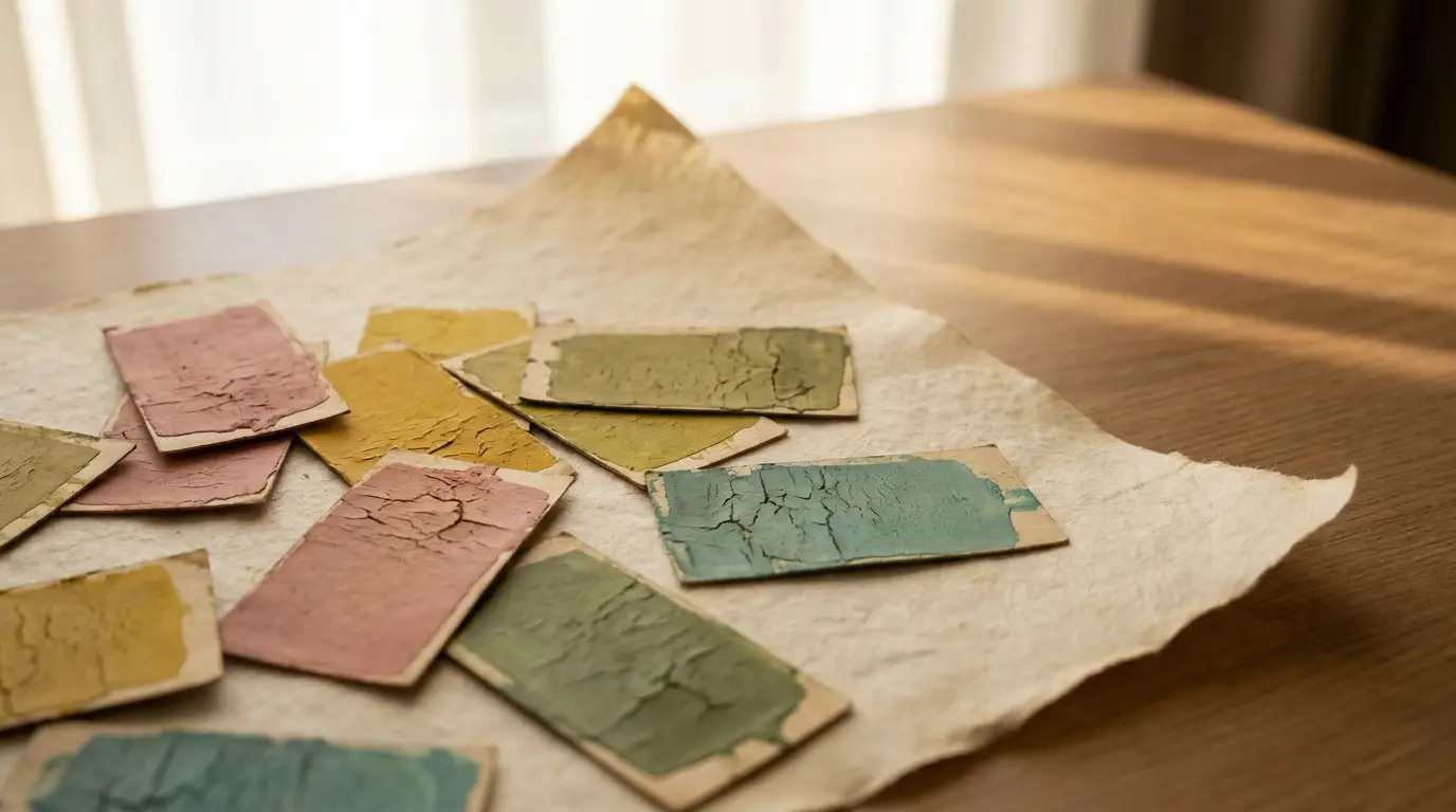 Paint swatches with cracked textures on parchment paper in warm natural light on a wooden table