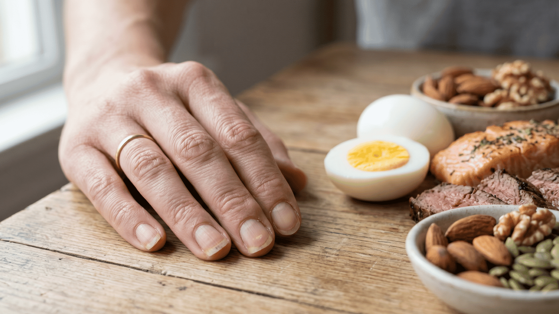 Natural fingernails with mild ridges beside foods rich in vitamin B12 and zinc.