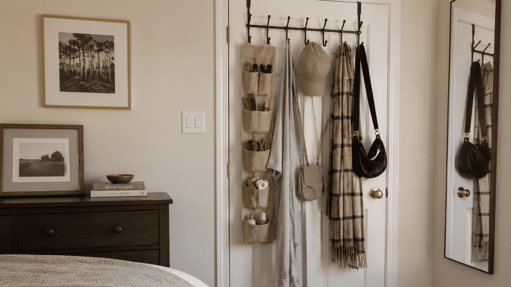 Wall hooks with hanging clothes, bags, storage pockets, dresser, and framed pictures.