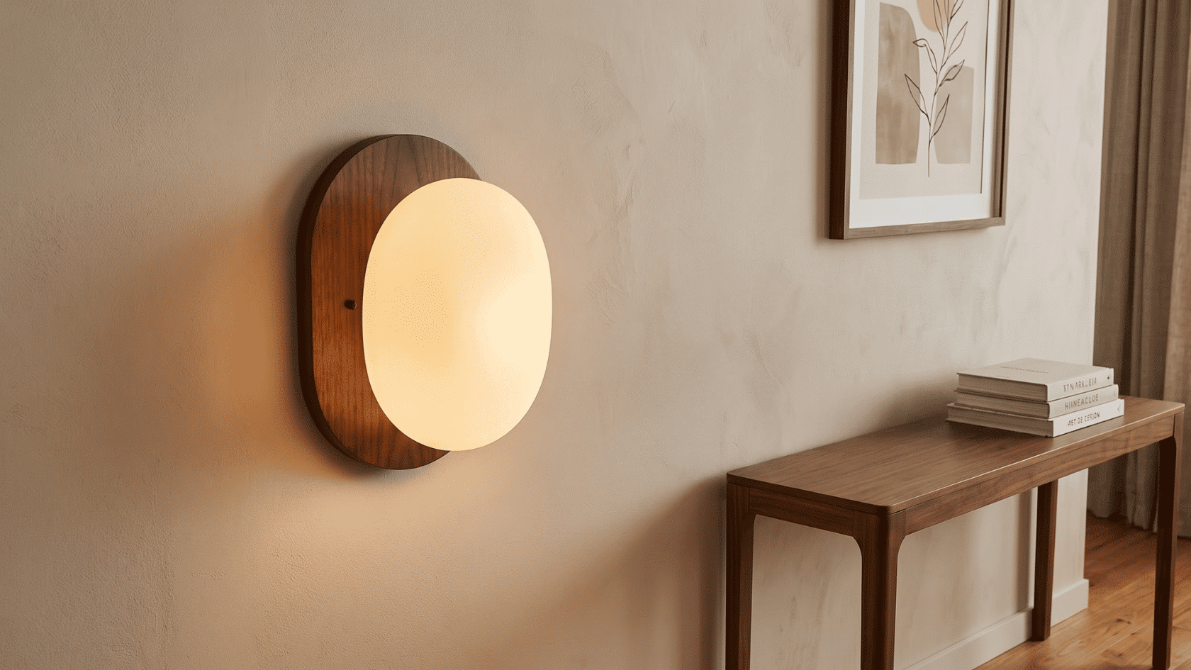 Wall lamp, wooden console table, stacked books, framed artwork, and curtain.
