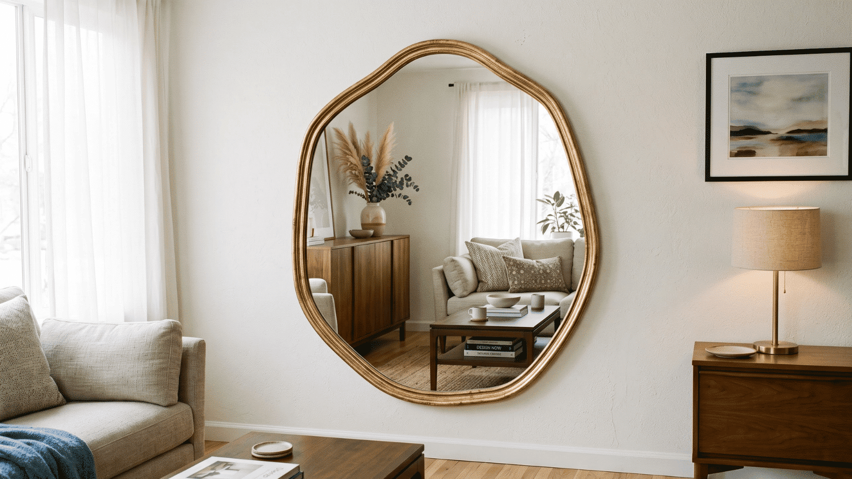 Wall mirror above a living room with sofa, coffee table, cabinet, lamp, and framed artwork.