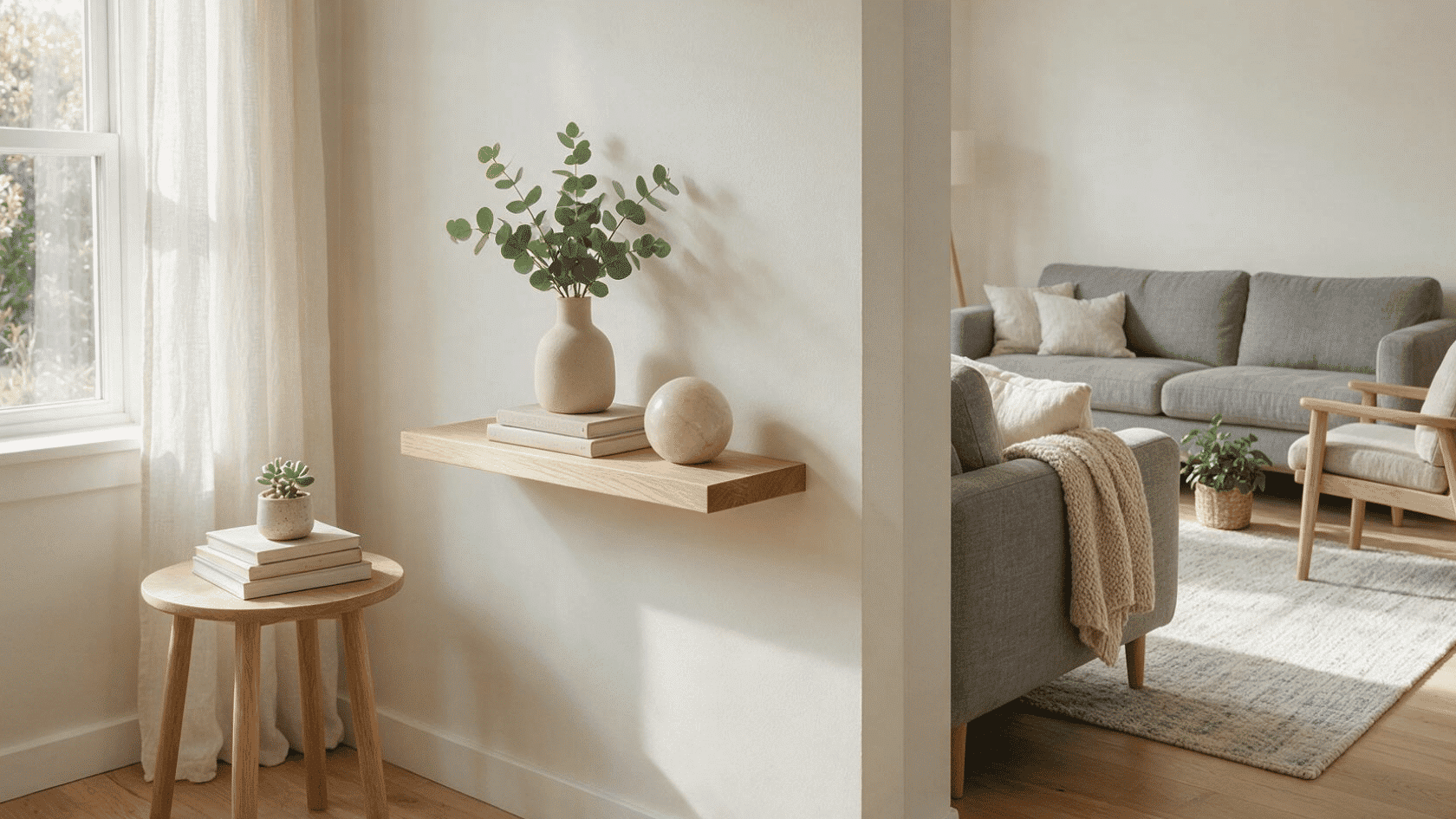 Wall shelf with plant and books beside a window, with a gray sofa and chairs in the background.