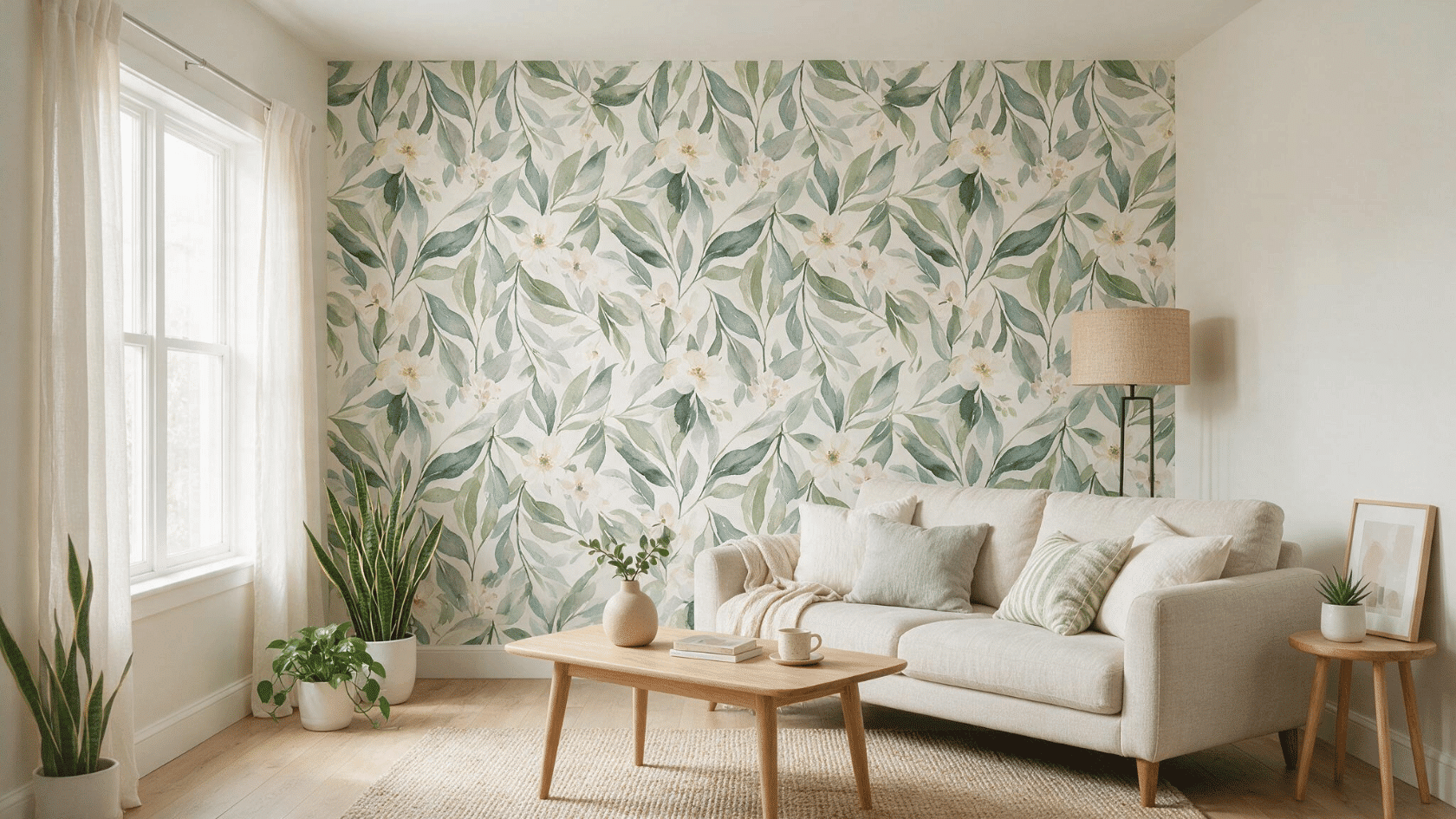 Living room with a patterned wallpaper accent wall and simple furniture.